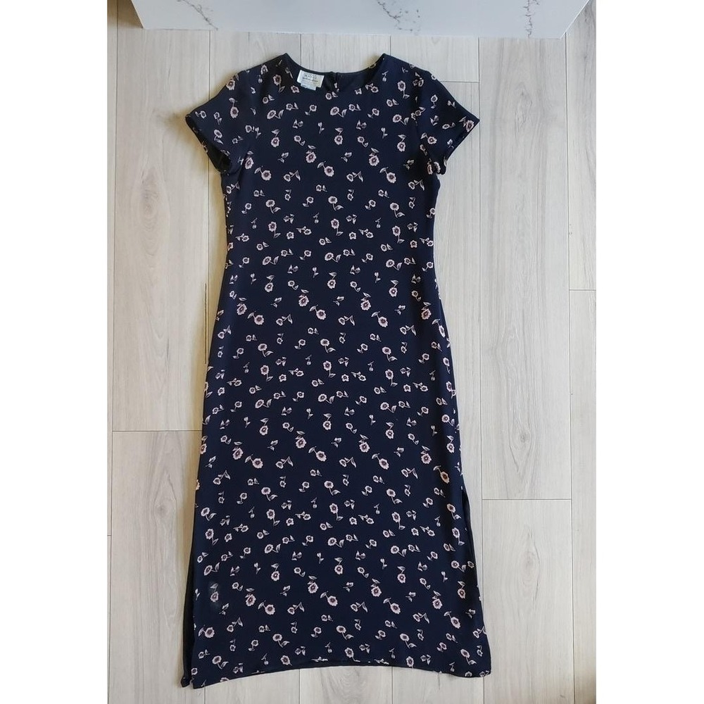 Field Manor Silk Dress Womens Small Black Floral Vintage 90s Style Midi Classics